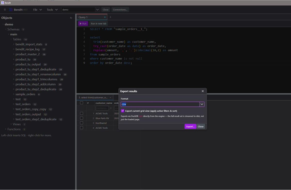 Bendit result grid with an export dialog open, showing format selection and column data